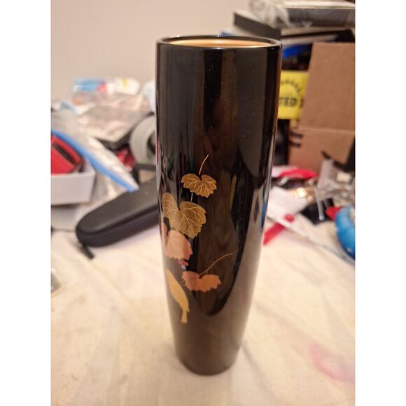Vintage Wajima lacquer IKEBANA FLOWER VASE Gold Painted Black With Gold Flake - Picture 3 of 6